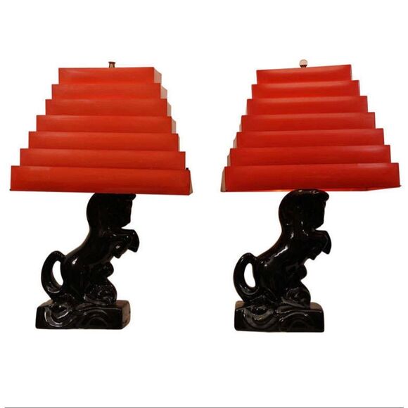 Pair of Black Ceramic Horse Mustang Lamps with Collabsable Metal Shades Mid Cent - Picture 1 of 7